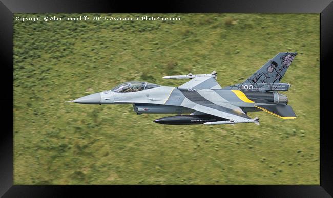 Majestic Belgian F16s Soar Above Mountain Range Framed Print by Alan Tunnicliffe