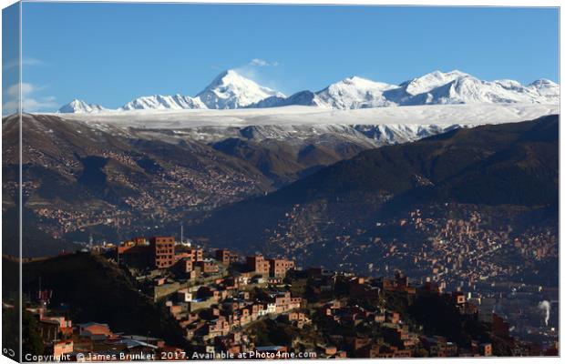 Panorama of La Paz and Mt Huayna Potosi Bolivia Canvas Print by James Brunker