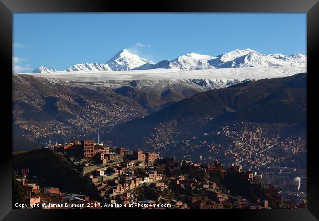 Panorama of La Paz and Mt Huayna Potosi Bolivia Framed Print by James Brunker