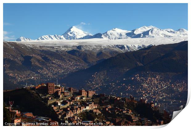 Panorama of La Paz and Mt Huayna Potosi Bolivia Print by James Brunker