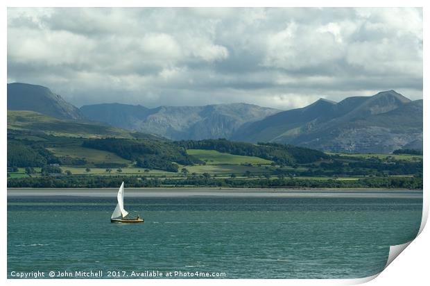 Snowdonia from the Menai Straits on a cloudy day Print by John Mitchell