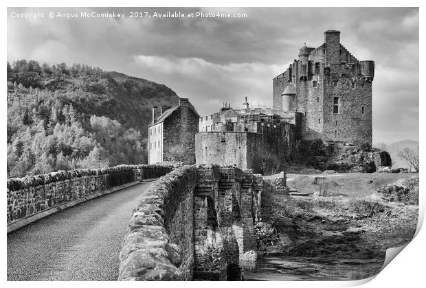 Bridge to Eilean Donan Castle (mono) Print by Angus McComiskey
