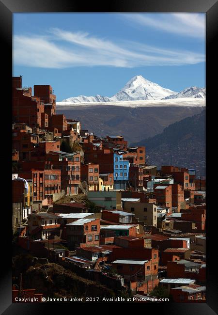 Suburbs of La Paz and Mt Huayna Potosi Bolivia Framed Print by James Brunker