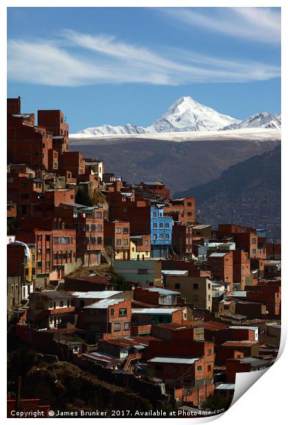 Suburbs of La Paz and Mt Huayna Potosi Bolivia Print by James Brunker