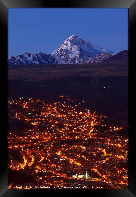 La Paz and Mt Huayna Potosi at Twilight Bolivia Framed Print by James Brunker
