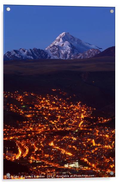 La Paz and Mt Huayna Potosi at Twilight Bolivia Acrylic by James Brunker