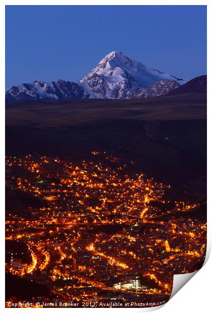 La Paz and Mt Huayna Potosi at Twilight Bolivia Print by James Brunker