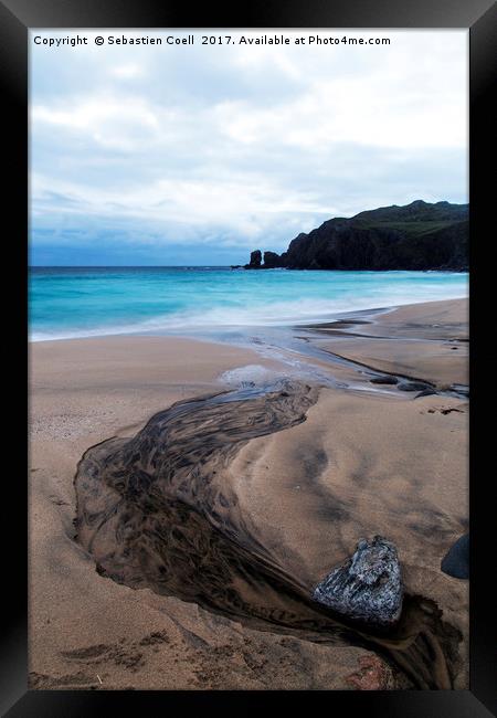 The black river runs down to Dalmore beach on the  Framed Print by Sebastien Coell