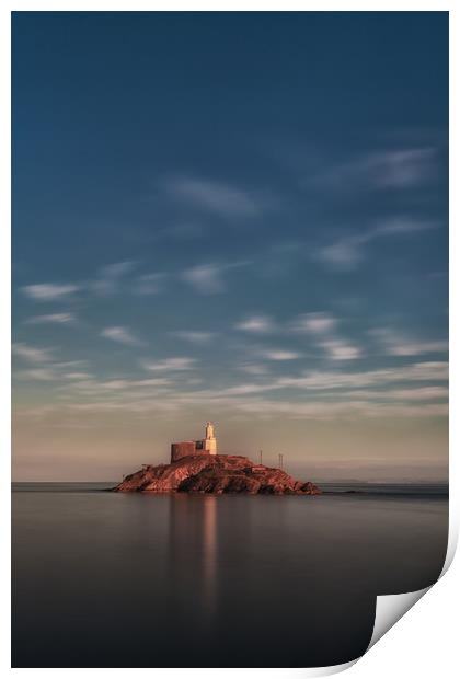 Calm sea at Mumbles lighthouse Print by Leighton Collins