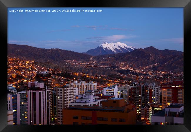 La Paz and Mt Illimani at Twilight Bolivia Framed Print by James Brunker