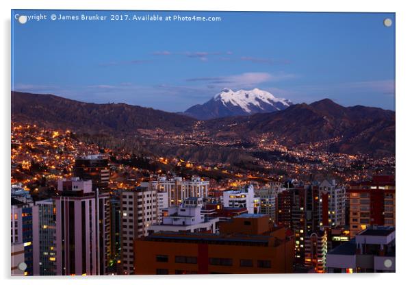 La Paz and Mt Illimani at Twilight Bolivia Acrylic by James Brunker