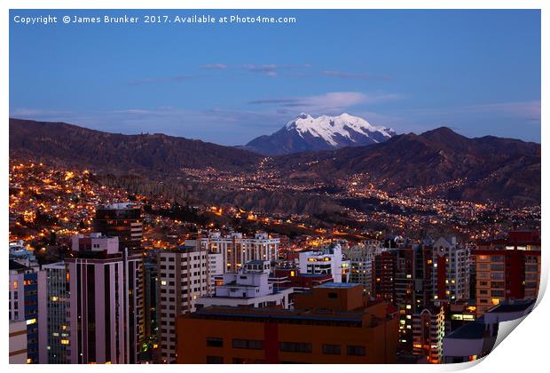 La Paz and Mt Illimani at Twilight Bolivia Print by James Brunker