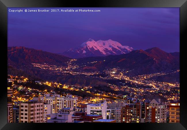 La Paz and Mt Illimani at Sunset Bolivia Framed Print by James Brunker