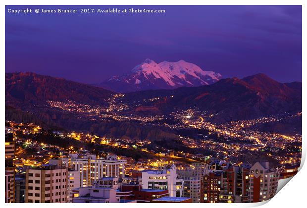 La Paz and Mt Illimani at Sunset Bolivia Print by James Brunker