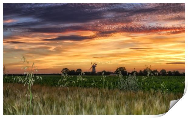 Sunset over Bircham windmill in Norfolk  Print by Gary Pearson