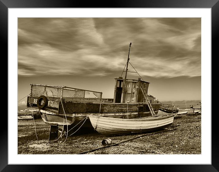 Brancaster Staithe at Low Tide Sepia Framed Mounted Print by Paul Macro
