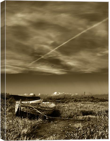 Stranded rowing boat at Low tide Sepia Canvas Print by Paul Macro