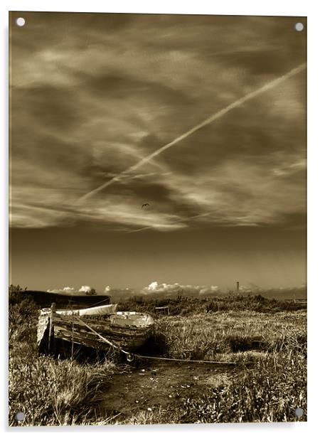 Stranded rowing boat at Low tide Sepia Acrylic by Paul Macro