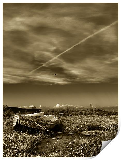Stranded rowing boat at Low tide Sepia Print by Paul Macro