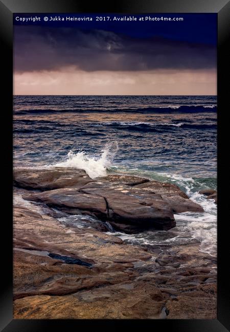 Waves Splash On The Rocks At Sunset Framed Print by Jukka Heinovirta
