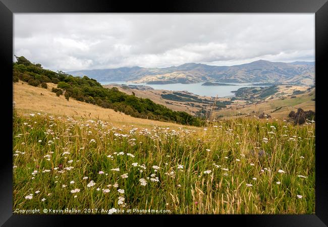 View across a meadow with wild flowers to the natu Framed Print by Kevin Hellon