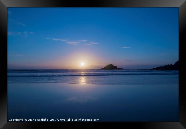 Sunset over Crantock Beach Newquay Framed Print by Diane Griffiths