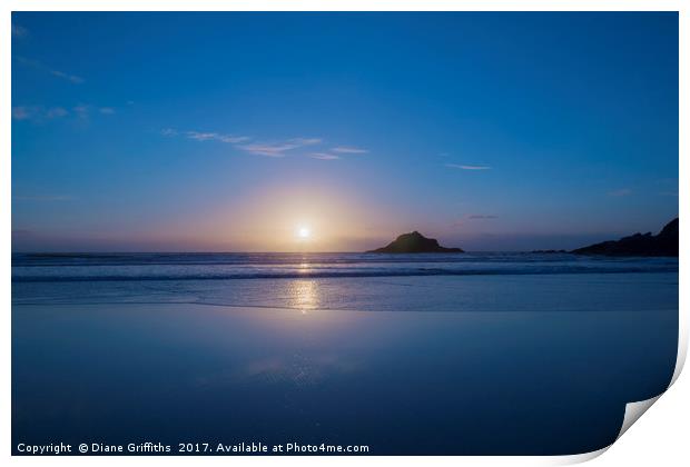 Sunset over Crantock Beach Newquay Print by Diane Griffiths