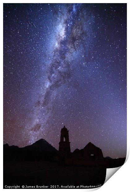 Milky Way Ruined Church and Sajama Volcano Bolivia Print by James Brunker