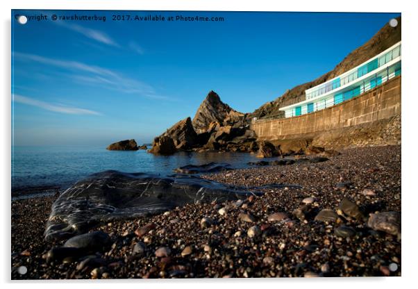 Meadfoot Beach Huts And Imposing Cliffs Acrylic by rawshutterbug 