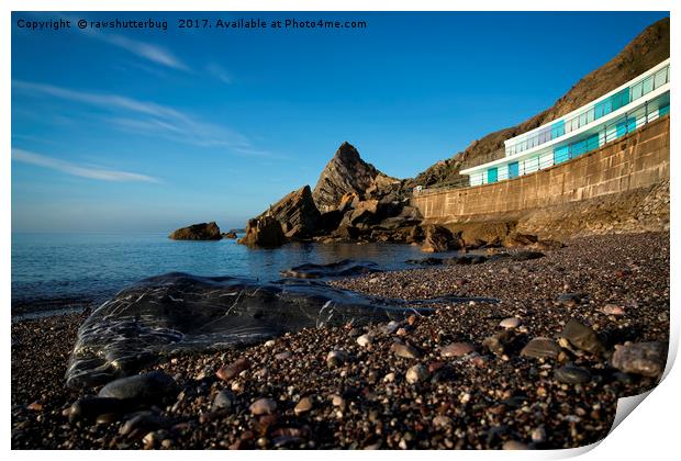 Meadfoot Beach Huts And Imposing Cliffs Print by rawshutterbug 