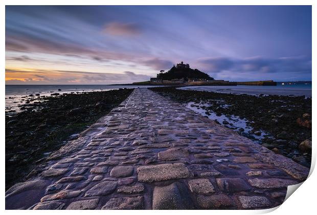 Blue hour at St Michael's Mount, Marazion Print by Michael Brookes