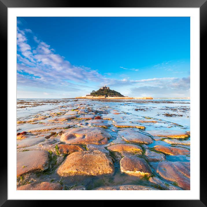 Old stone causeway, St Michaels Mount. Framed Mounted Print by John Finney