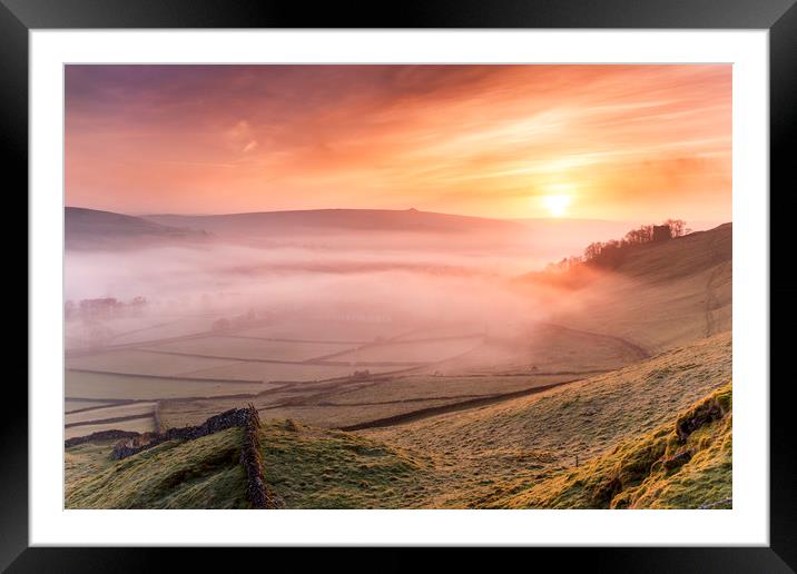 Sunrise over Castletons Peveril Castle.   Framed Mounted Print by John Finney