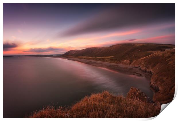 Sunset at Rhossili Bay, South Wales Print by Leighton Collins