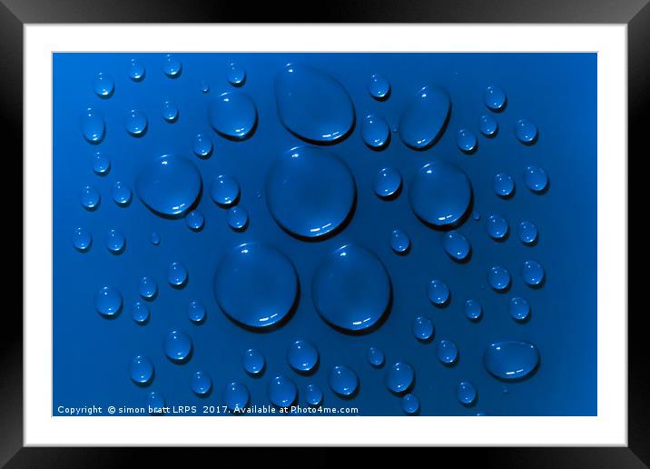 Water drops pattern on blue background Framed Mounted Print by Simon Bratt LRPS