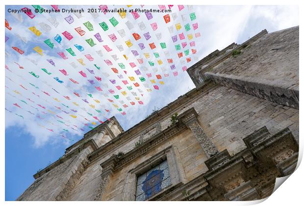 Flags flying at a Hispanic Church Print by Stephen Dryburgh