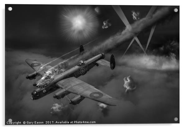 Lancaster KB799 under fire B&W version Acrylic by Gary Eason