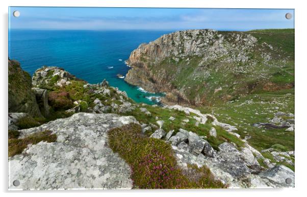 Porthmoina cove and Bosigran cliff Cornwall Acrylic by Eddie John