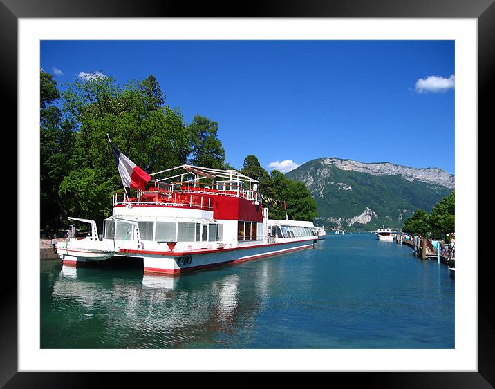 Pleasure boat on Lake Annecy in France Framed Mounted Print by Linda More