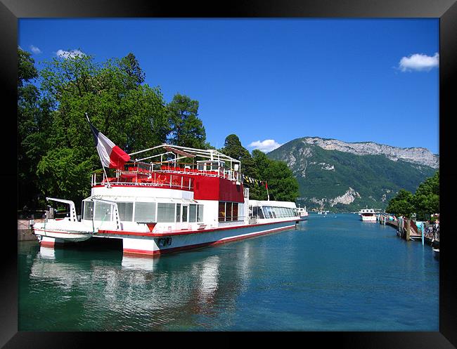 Pleasure boat on Lake Annecy in France Framed Print by Linda More