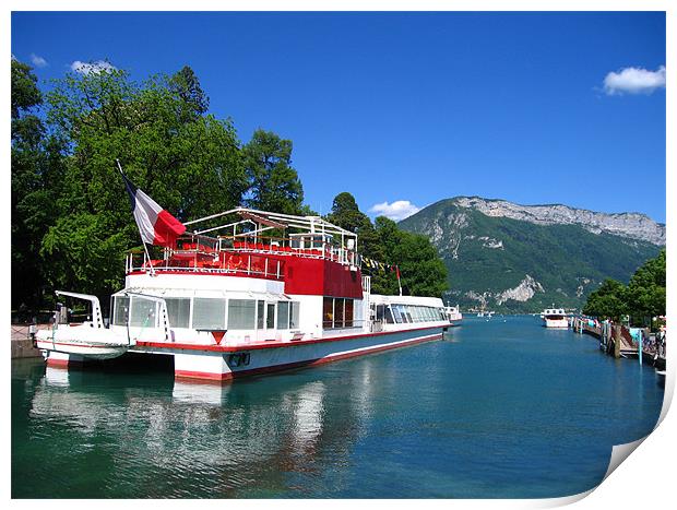 Pleasure boat on Lake Annecy in France Print by Linda More