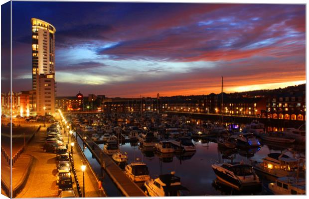 City of Swansea Marina by night Canvas Print by HELEN PARKER