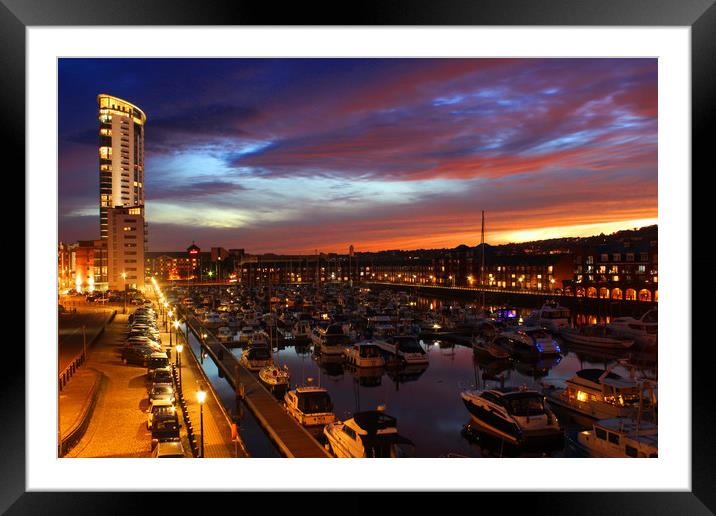 City of Swansea Marina by night Framed Mounted Print by HELEN PARKER