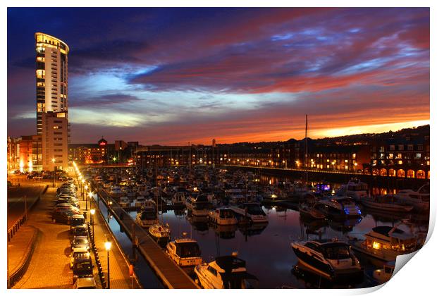 City of Swansea Marina by night Print by HELEN PARKER