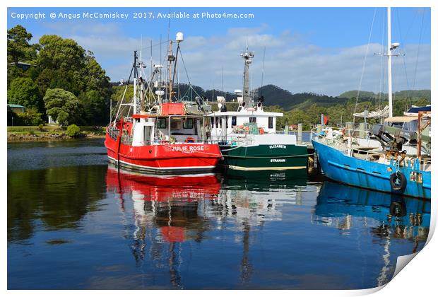 Fishing boat reflections Strahan harbour Tasmania Print by Angus McComiskey
