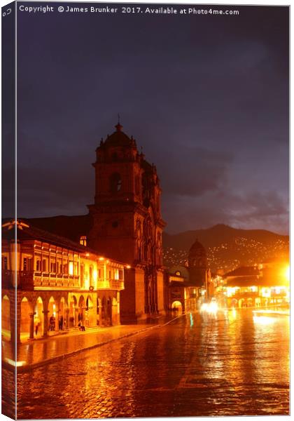 Compania de Jesus Church on a Wet Night Cusco Peru Canvas Print by James Brunker