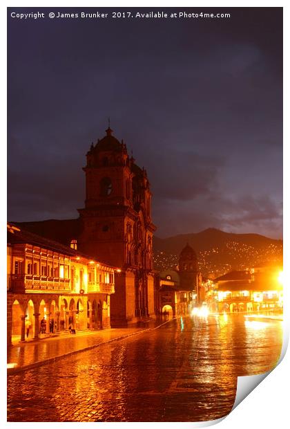Compania de Jesus Church on a Wet Night Cusco Peru Print by James Brunker