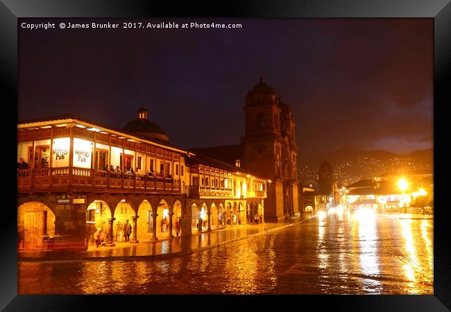 Plaza de Armas Square on a Rainy Night Cusco Peru Framed Print by James Brunker