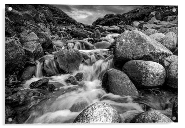 Stream Into Porth Nanven in Black and White Acrylic by Jennifer Higgs