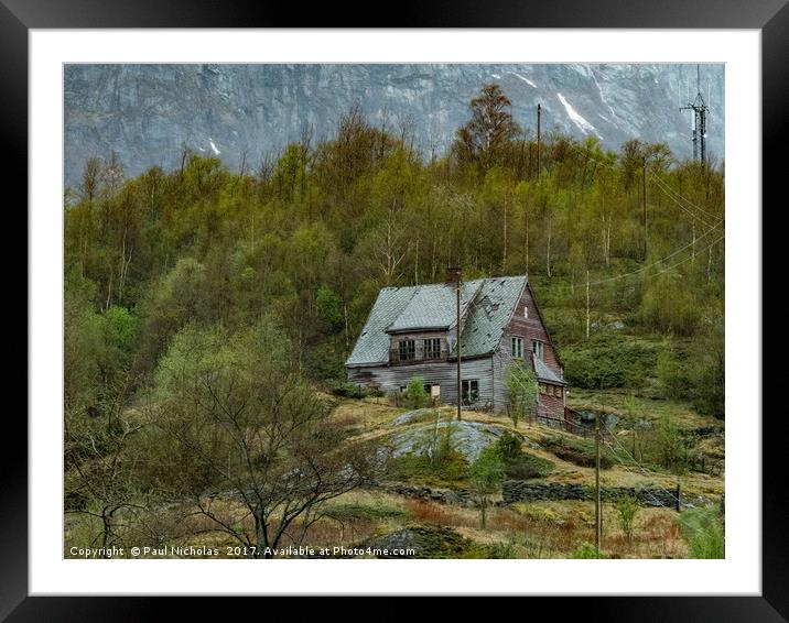 Norwegian wooden house on a mountain above Flaam Framed Mounted Print by Paul Nicholas